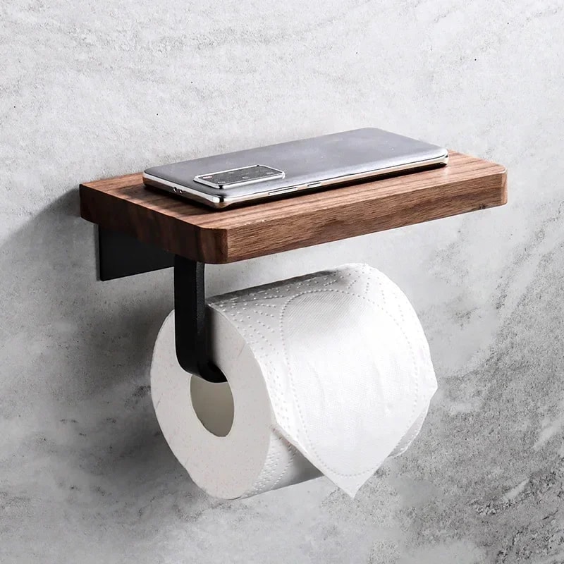 Wall Mount Wooden Toilet Paper Holder Bathroom Storage Shelf With Phone Holder Towel Roll Shelf For 0