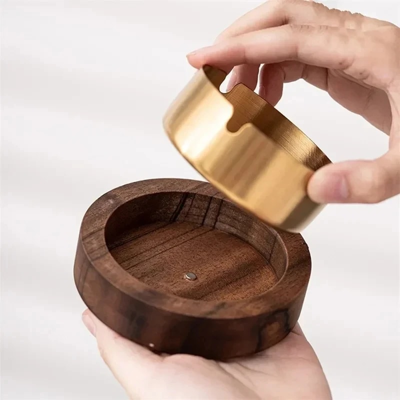 Windproof Walnut Wood Ashtray with Lid and Stainless Steel Liner for Home and Outdoor Use