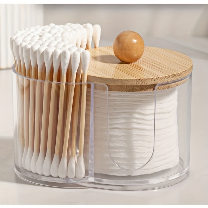 Space Saving Clear Cotton Pad Swab Organizer with Bamboo Lid Dual Compartment Storage Box for Bathroom Vanity
