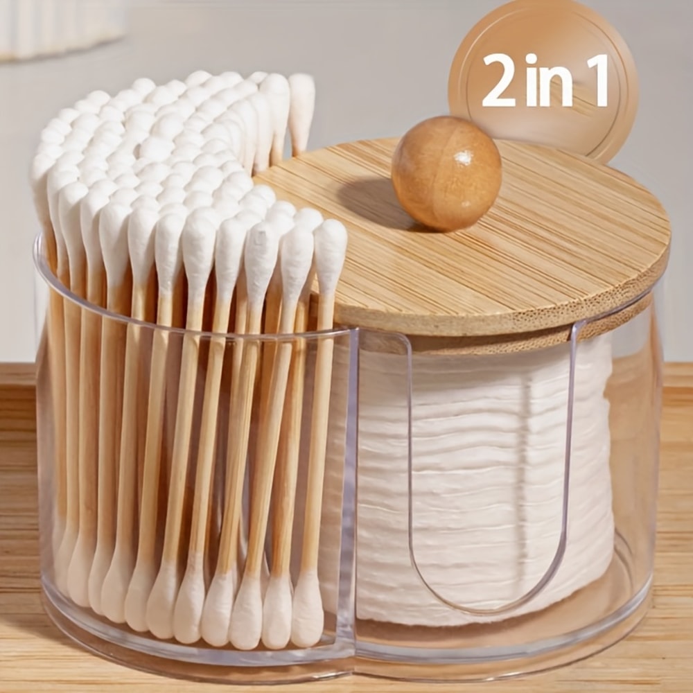 Space Saving Clear Cotton Pad Swab Organizer with Bamboo Lid Dual Compartment Storage Box for Bathroom Vanity