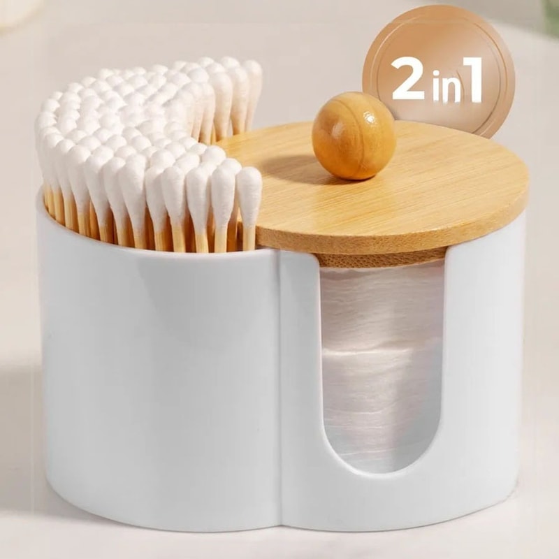 Space Saving Clear Cotton Pad Swab Organizer with Bamboo Lid Dual Compartment Storage Box for Bathroom Vanity