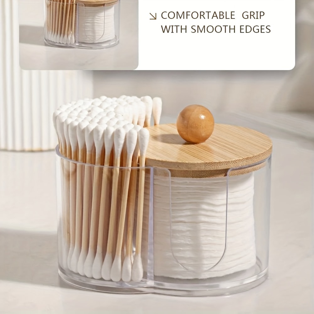 Space Saving Clear Cotton Pad Swab Organizer with Bamboo Lid Dual Compartment Storage Box for Bathroom Vanity