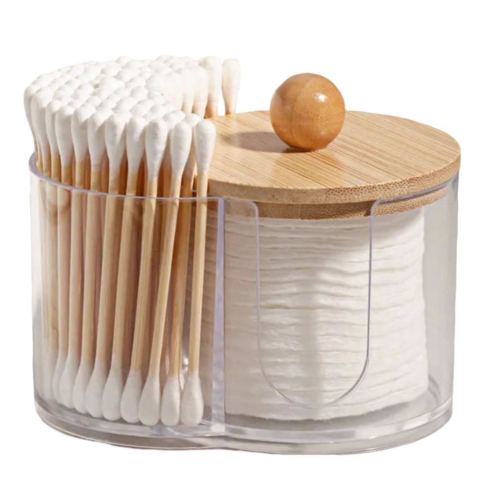 Space Saving Clear Cotton Pad Swab Organizer with Bamboo Lid Dual Compartment Storage Box for Bathroom Vanity