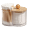 Space Saving Clear Cotton Pad Swab Organizer with Bamboo Lid Dual Compartment Storage Box for Bathroom Vanity