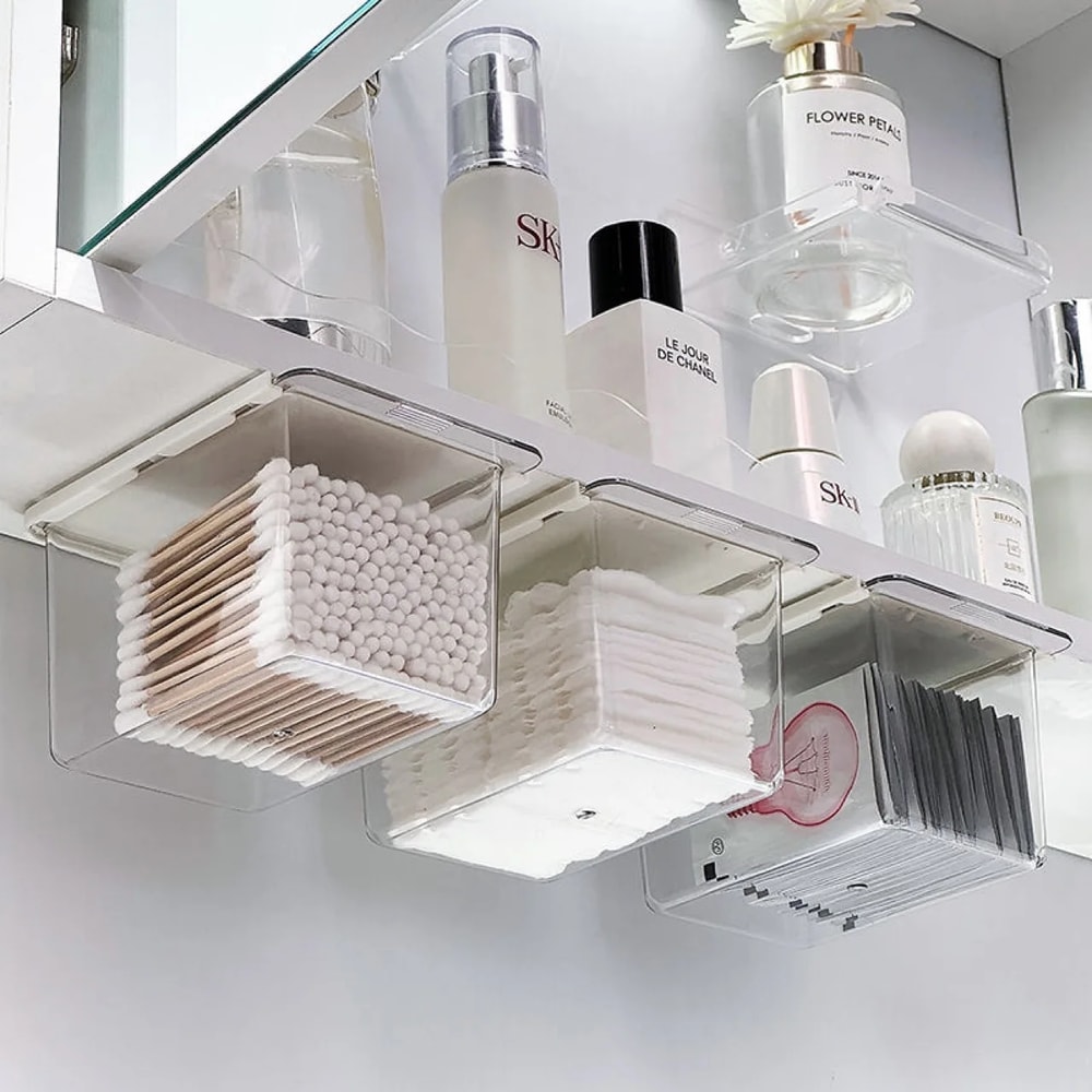 Bathroom Cotton Stick And Makeup Storage Box With PullOut Drawer Under Mirror Cabinet 0