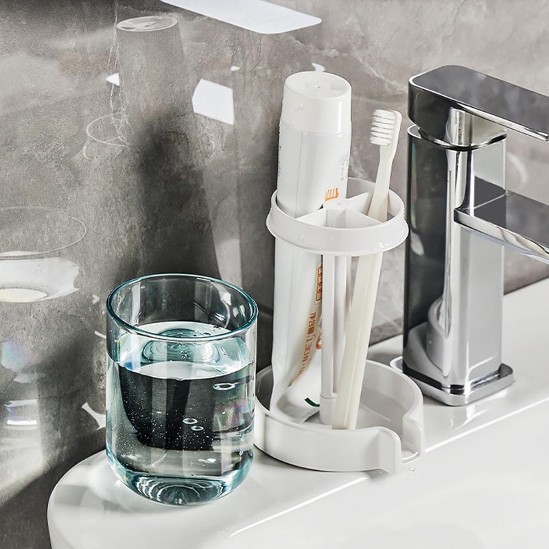 Multifunctional Plastic Toothbrush and Toothpaste Holder Set with Dustproof Cover and Water Drainage for Home Use