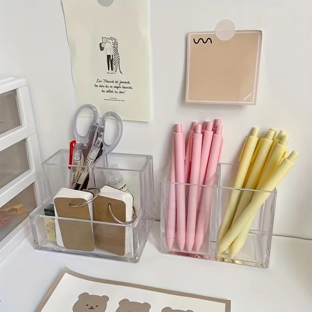 Student Desktop Storage Box With Simplified Acrylic Transparent Three Grid Pen Holder For Office De 2