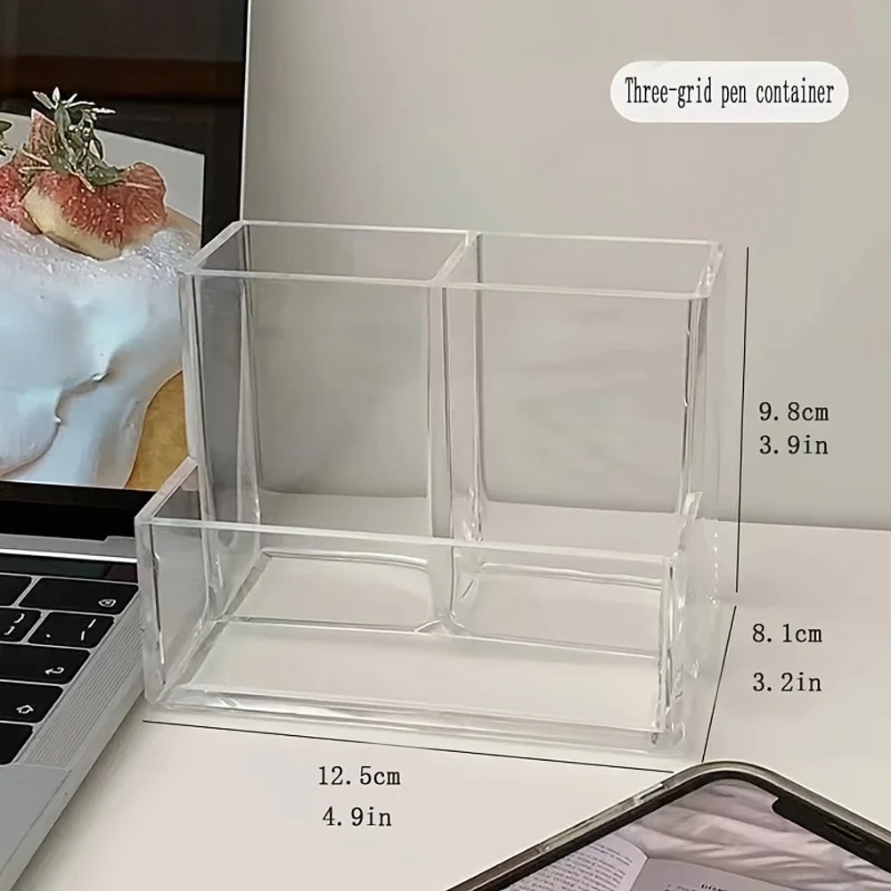Student Desktop Storage Box With Simplified Acrylic Transparent Three Grid Pen Holder For Office De 5