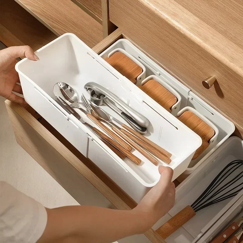 Retractable Compartment Kitchen Storage Box for Cutlery, Socks & Underwear Versatile Desktop Drawer Organizer