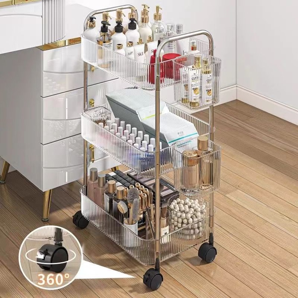 Multilayer Transparent Acrylic Storage Trolley with Wheels Mobile Shelf for Living Room, Bathroom & Snacks