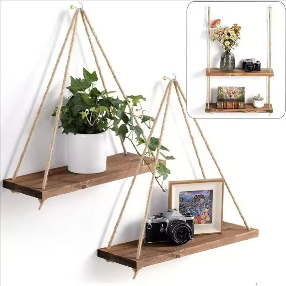 Wooden Hanging Plant Shelf with Hemp Rope Floating Wall Mounted Tray for Home, Garden, and Living Room Decoration