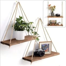 wooden hanging plant shelf with hemp rope floating wall mounted tray for home, garden, and living room decoration