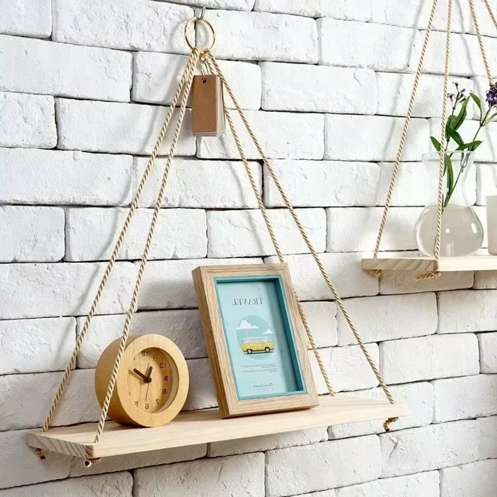 Wooden Hanging Plant Shelf with Hemp Rope Floating Wall Mounted Tray for Home, Garden, and Living Room Decoration