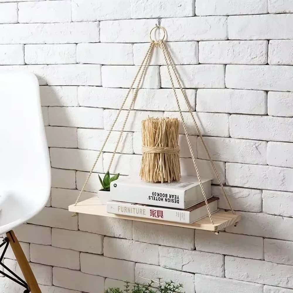 Wooden Hanging Plant Shelf with Hemp Rope Floating Wall Mounted Tray for Home, Garden, and Living Room Decoration