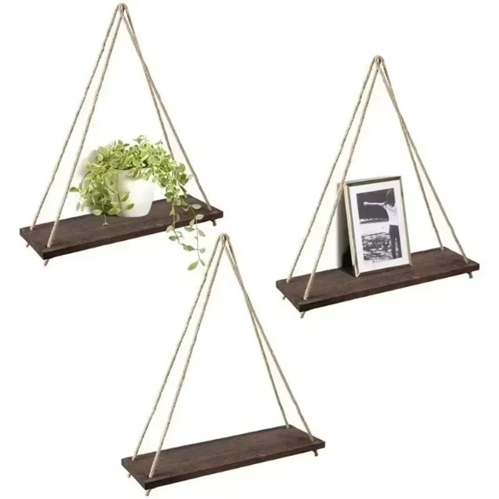 Wooden Hanging Plant Shelf with Hemp Rope Floating Wall Mounted Tray for Home, Garden, and Living Room Decoration