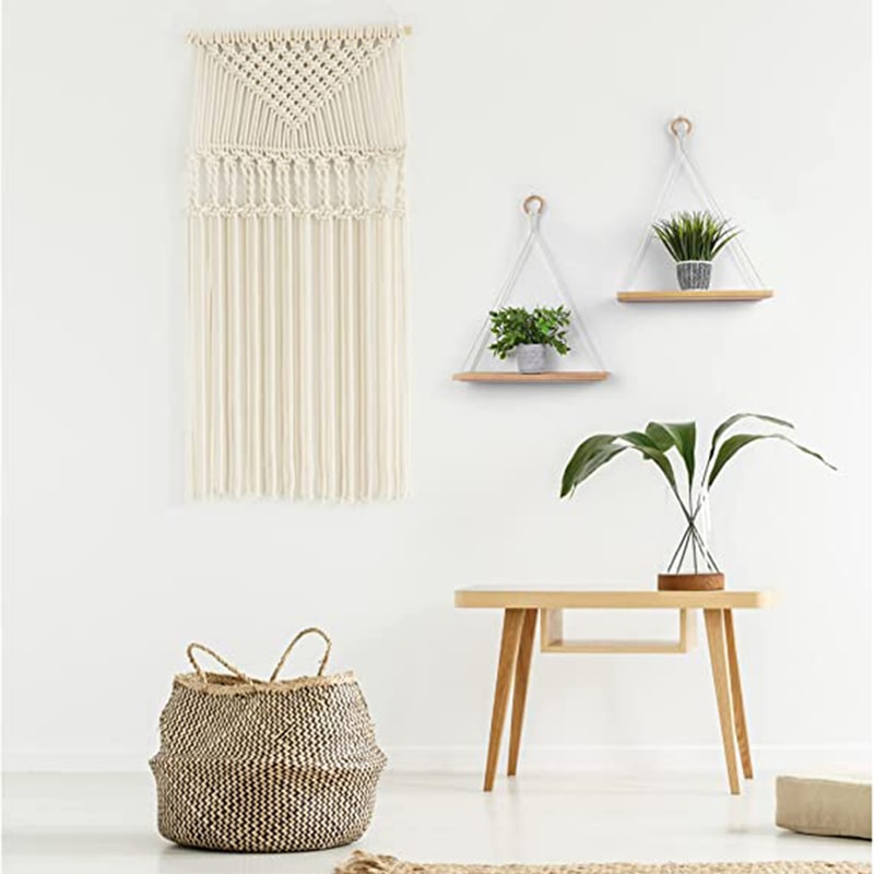 Macrame Hanging Wall Shelf for Plants & Books Boho Floating Shelf with Rope