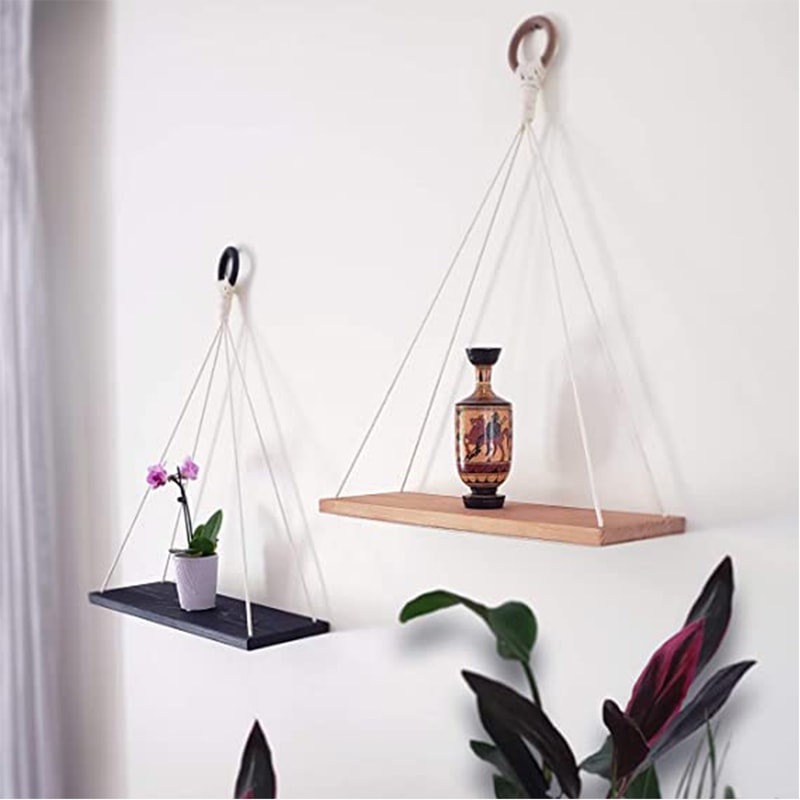 Macrame Hanging Wall Shelf for Plants & Books Boho Floating Shelf with Rope