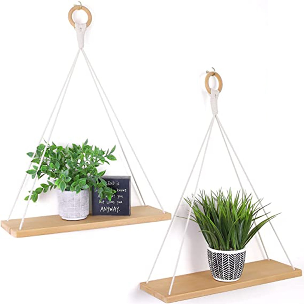 Macrame Hanging Wall Shelf for Plants & Books Boho Floating Shelf with Rope