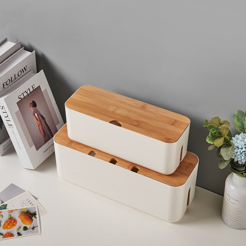 Bamboo Cable Management Box With Storage Desk Organizer For Wires And Power Strips 1