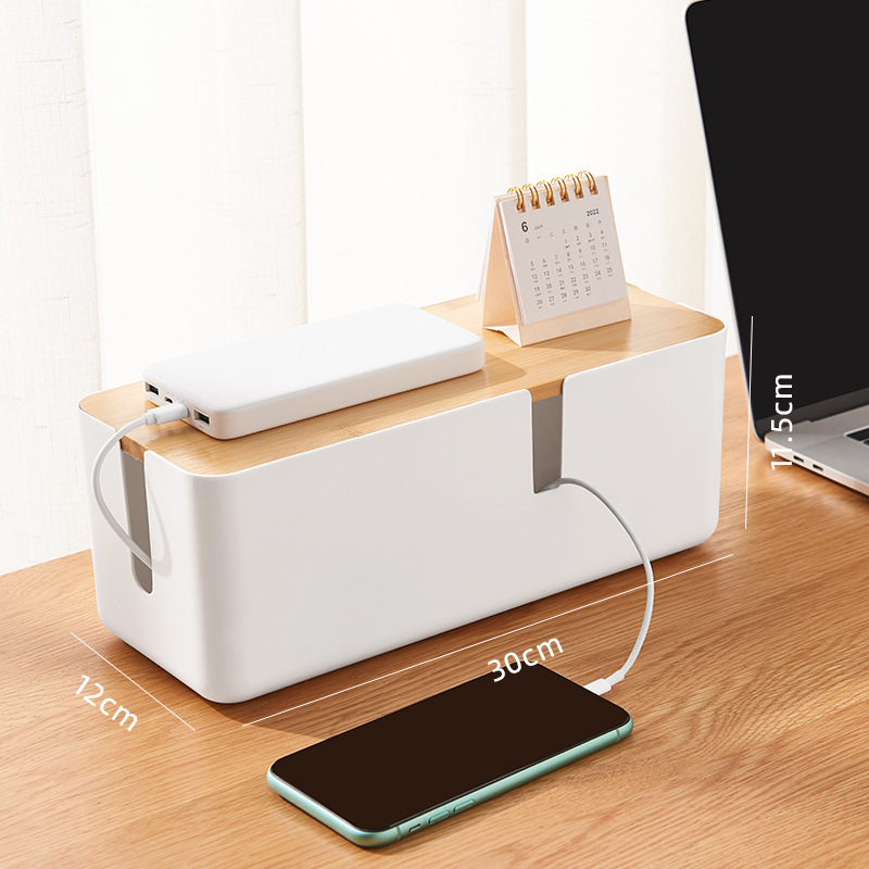 Bamboo Cable Management Box With Storage Desk Organizer For Wires And Power Strips 5