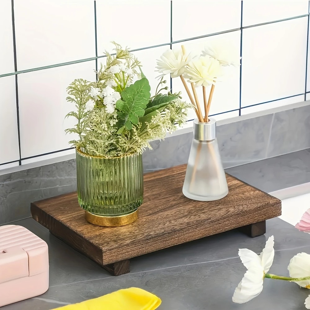 Wooden Tray Pedestal Stand MultiFunctional Storage Holder For Bathroom Kitchen And Home Decor 2