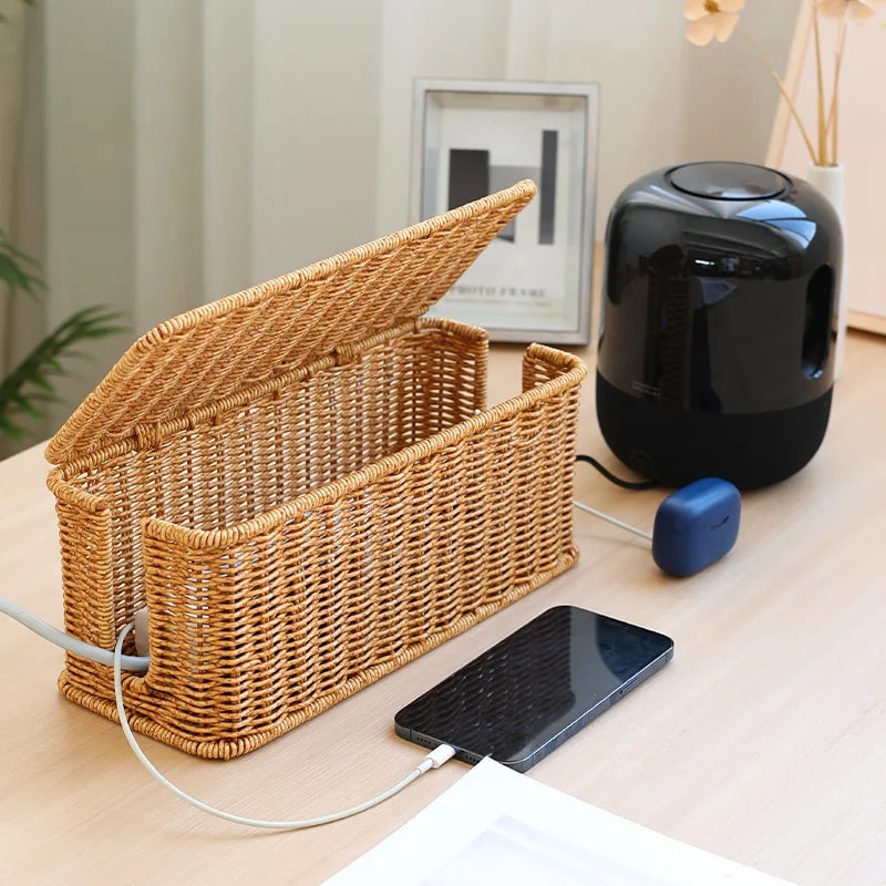 Handmade Rattan Cable Organizer Box Durable Under Desk Cord Management 0