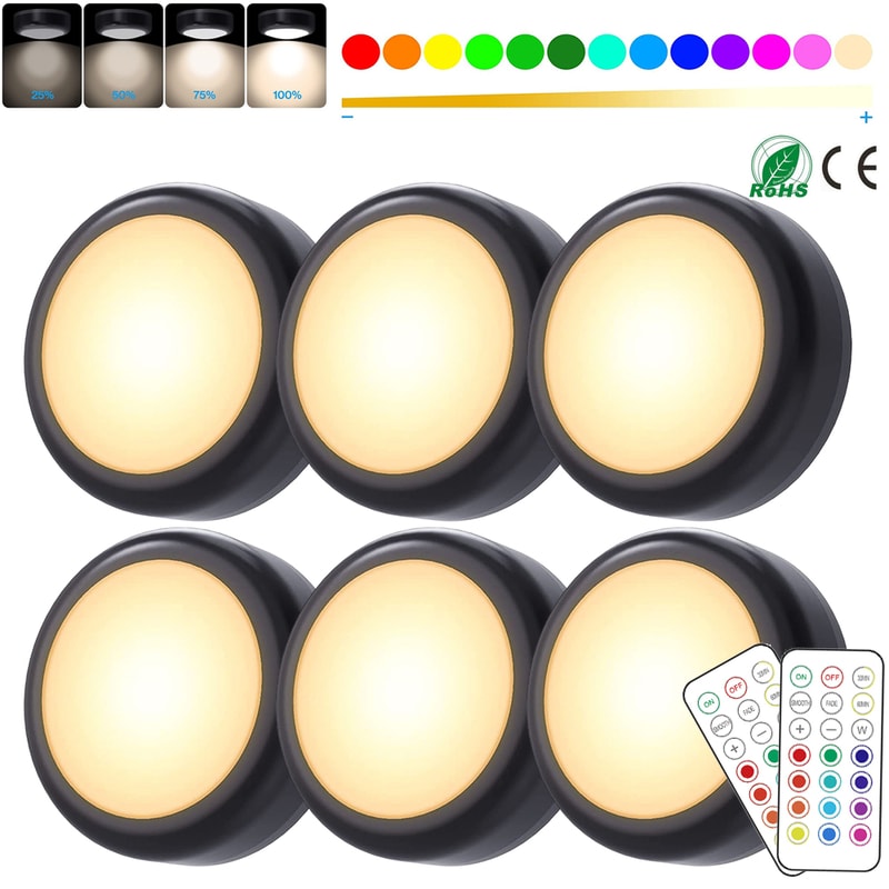 Wireless RGBW LED Puck Lights With Remote Dimmable Under Cabinet Closet Night Lamp 0