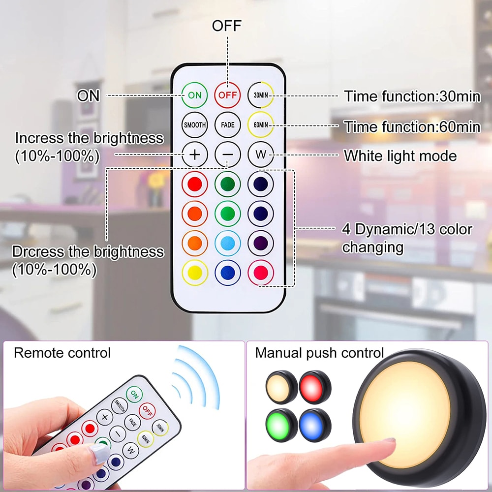 Wireless RGBW LED Puck Lights With Remote Dimmable Under Cabinet Closet Night Lamp 2