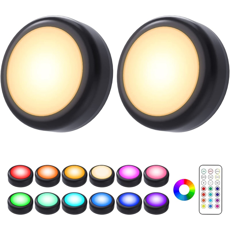 Wireless RGBW LED Puck Lights With Remote Dimmable Under Cabinet Closet Night Lamp 5