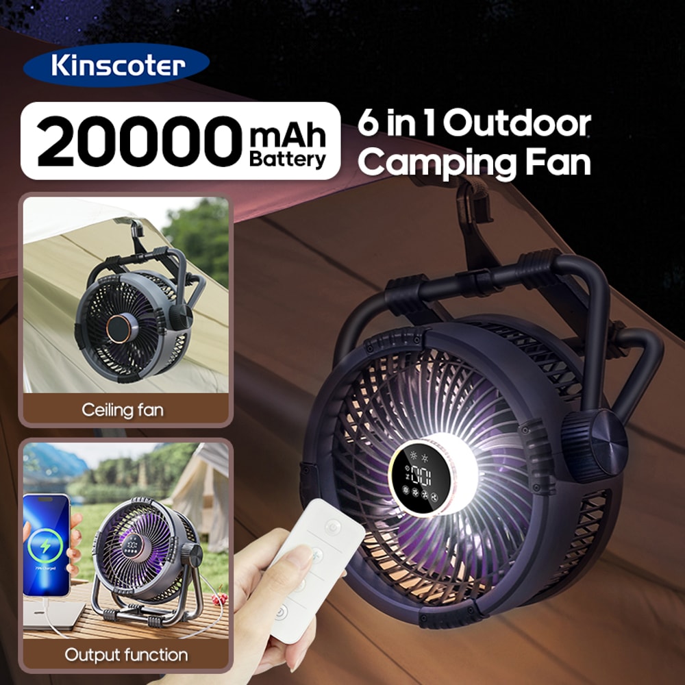 Outdoor Camping Fan With Battery LED Light Hook Portable Air Circulator 5