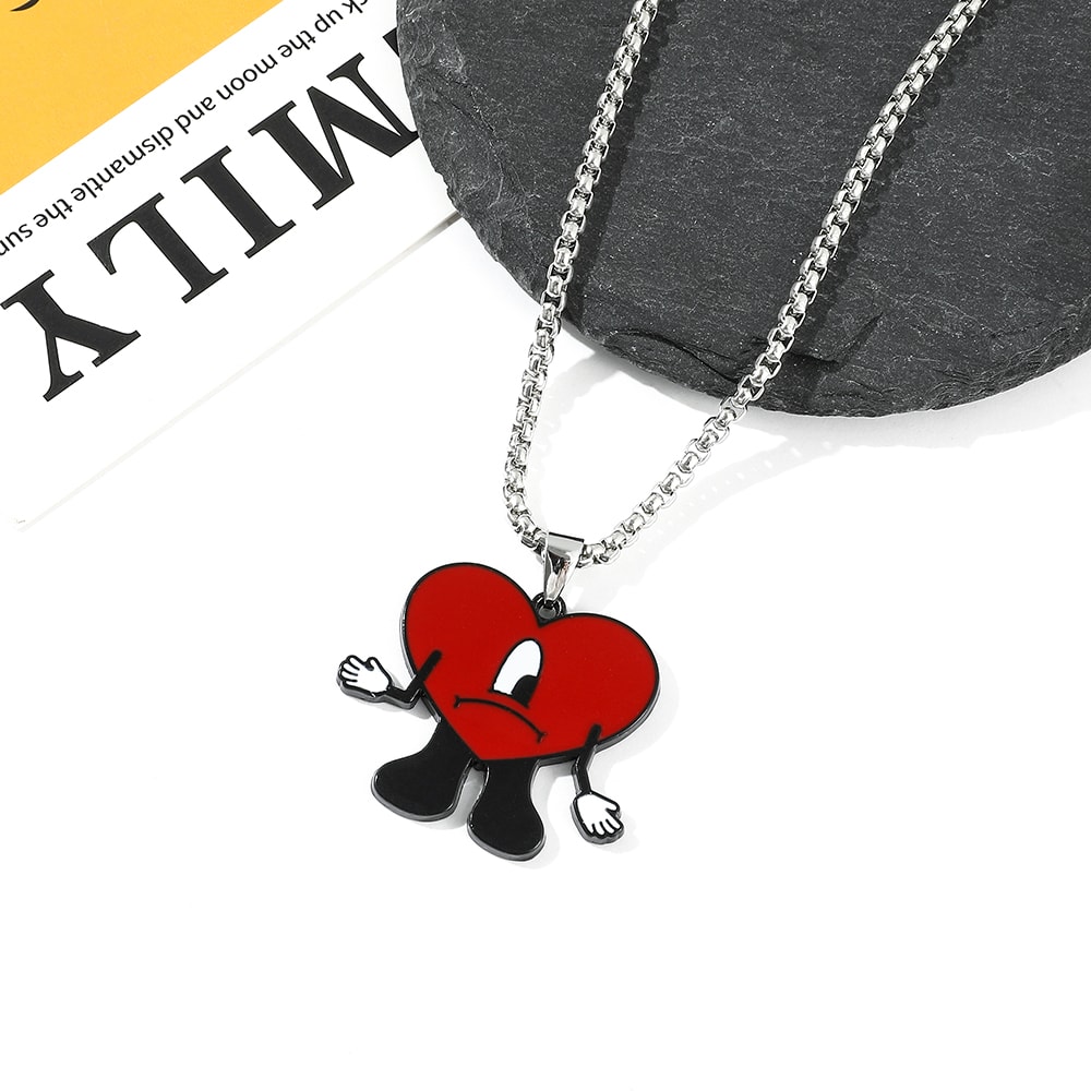 Bad Bunny Cosplay Necklace Trendy Red Heart Pendant Neck Chain, Perfect for Fans & Collectors