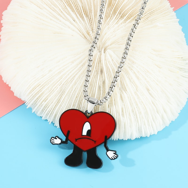 Bad Bunny Cosplay Necklace Trendy Red Heart Pendant Neck Chain, Perfect for Fans & Collectors