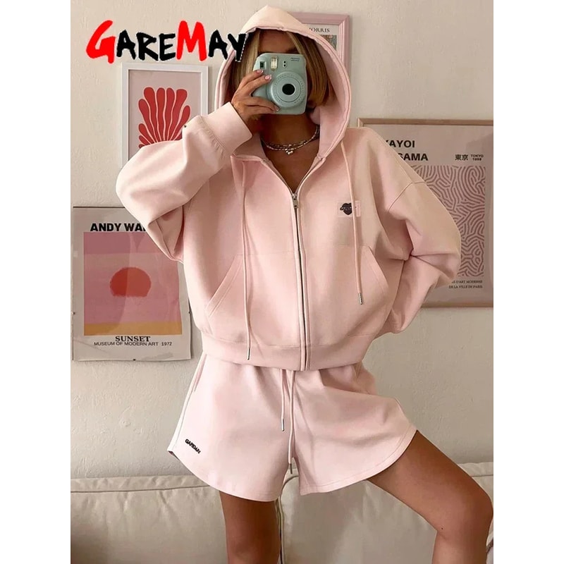 Spring Womens Summer Suit Casual Pink Top Shorts Set Cotton Oversized TwoPiece Tracksuit For Women 1
