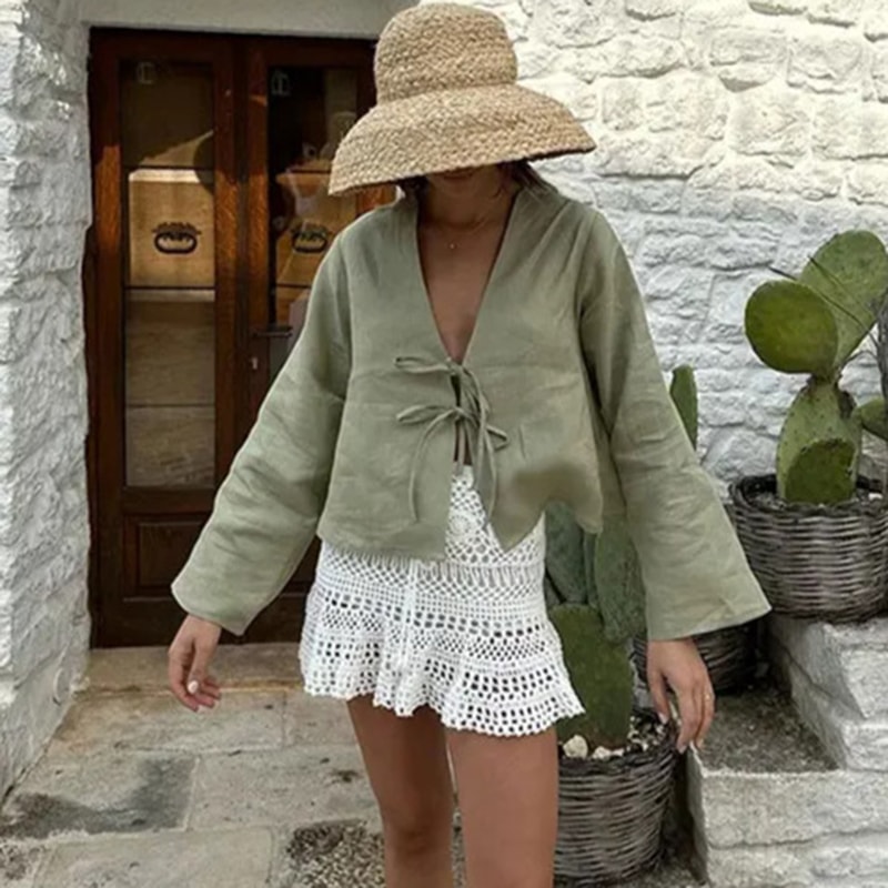 Elegant V-Neck Bow Shirt for Women with Long Flare Sleeves Stylish Spring & Summer High Street Top