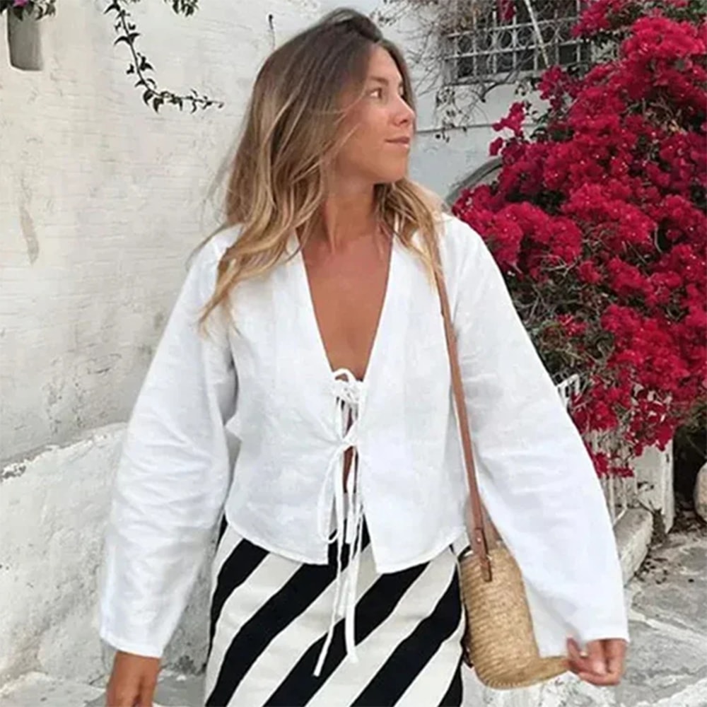 Elegant V-Neck Bow Shirt for Women with Long Flare Sleeves Stylish Spring & Summer High Street Top