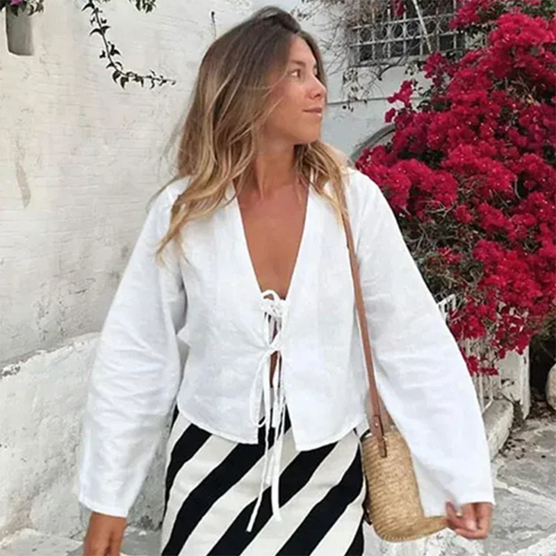 Elegant V-Neck Bow Shirt for Women with Long Flare Sleeves Stylish Spring & Summer High Street Top