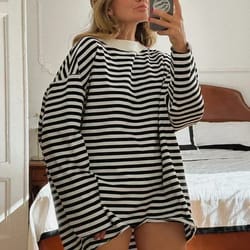 vintage striped cotton oversized t-shirt for women black & white long sleeve casual top