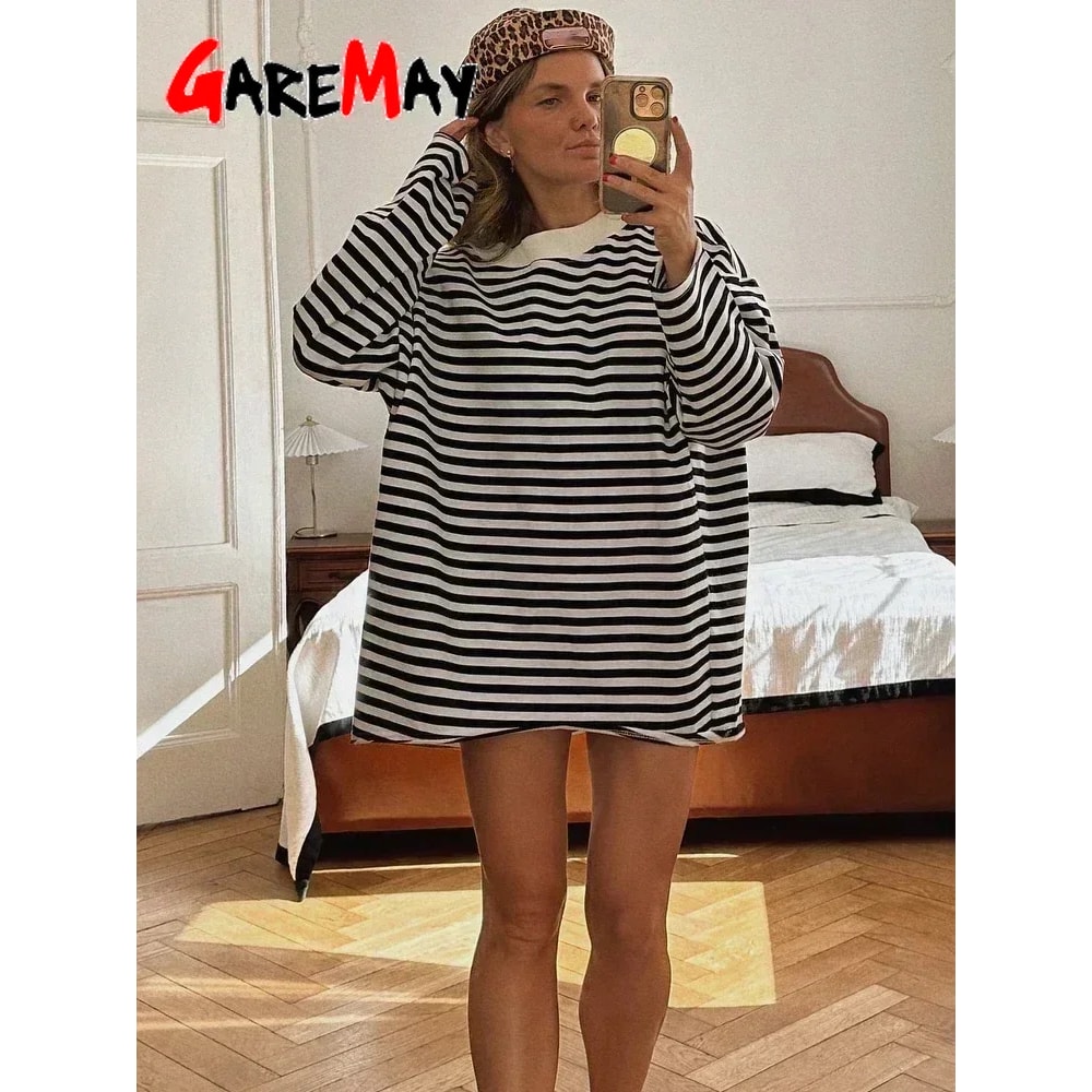 Vintage Striped Cotton Oversized T-shirt for Women Black & White Long Sleeve Casual Top
