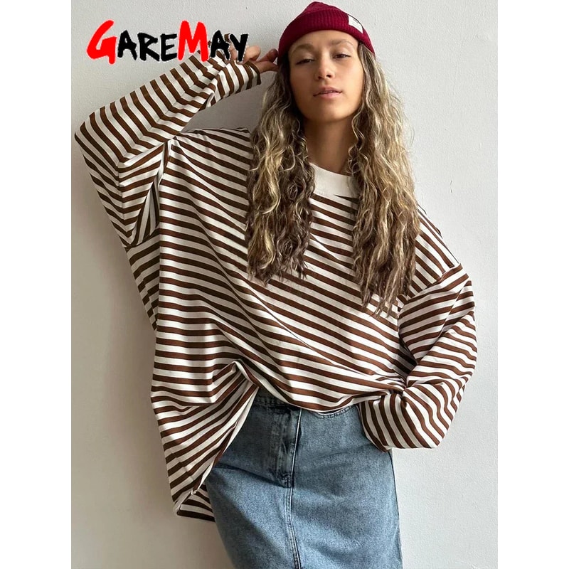 Vintage Striped Cotton Oversized T-shirt for Women Black & White Long Sleeve Casual Top