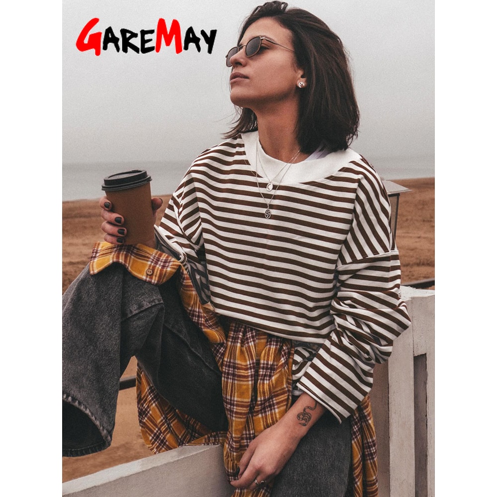 Vintage Striped Cotton Oversized T-shirt for Women Black & White Long Sleeve Casual Top