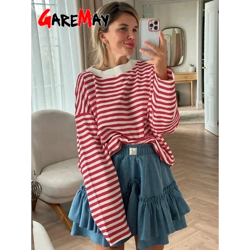 Vintage Striped Cotton Oversized T-shirt for Women Black & White Long Sleeve Casual Top