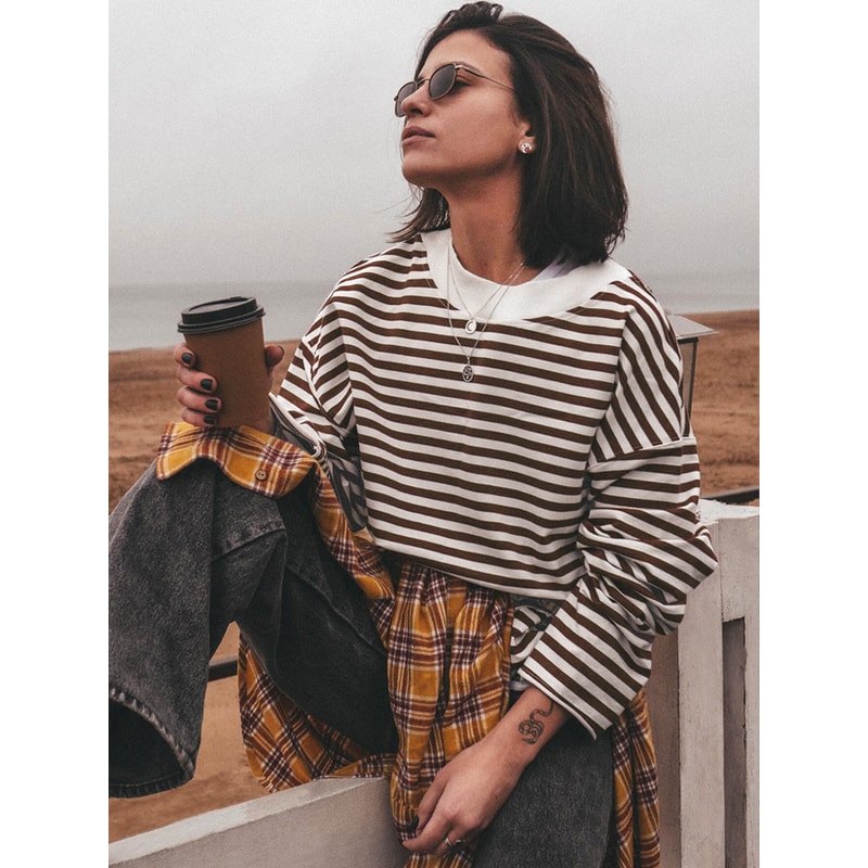 Vintage Striped Cotton Oversized T-shirt for Women Black & White Long Sleeve Casual Top