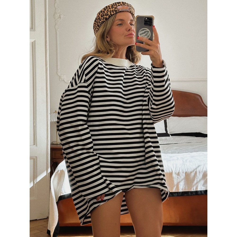 Vintage Striped Cotton Oversized T-shirt for Women Black & White Long Sleeve Casual Top