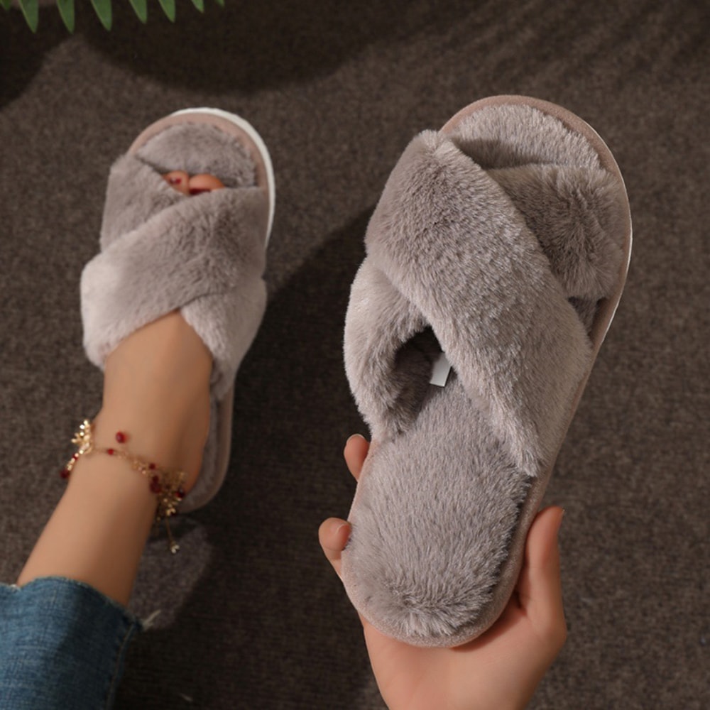 Fashionable Faux Fur Cross Strap Slippers For Women Plush Indoor Home Slides With Flat Heel 9