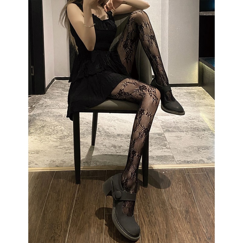 Elegant Floral Lolita Lace Stockings Vintage Hollow Lace Mesh Pantyhose For Retro Fashion Styling 4