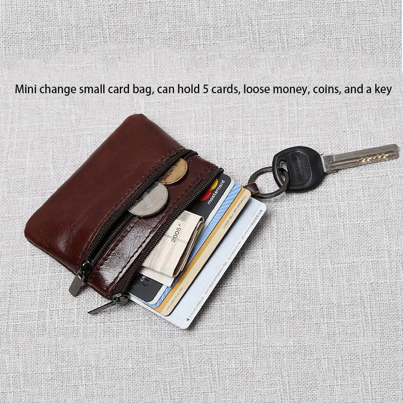 Leather Mini Coin Purse Handmade, Portable Cowhide Wallet for Keys & Coins, Retro Zippered Design