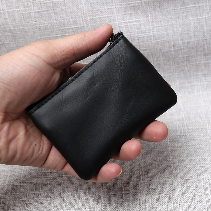 Leather Mini Coin Purse Handmade, Portable Cowhide Wallet for Keys & Coins, Retro Zippered Design