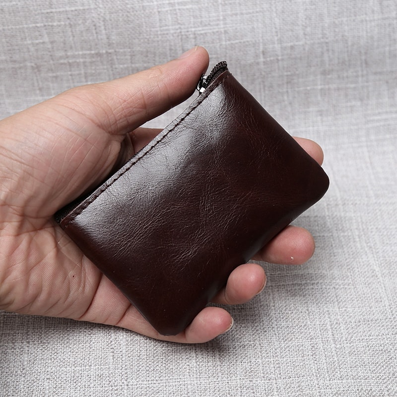 Leather Mini Coin Purse Handmade, Portable Cowhide Wallet for Keys & Coins, Retro Zippered Design