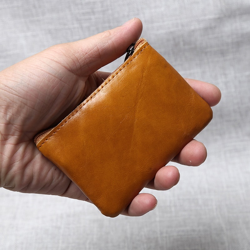Leather Mini Coin Purse Handmade, Portable Cowhide Wallet for Keys & Coins, Retro Zippered Design