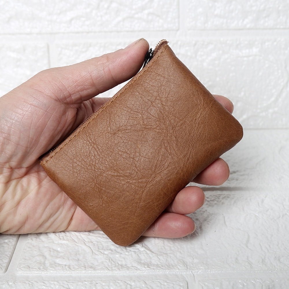 Leather Mini Coin Purse Handmade, Portable Cowhide Wallet for Keys & Coins, Retro Zippered Design